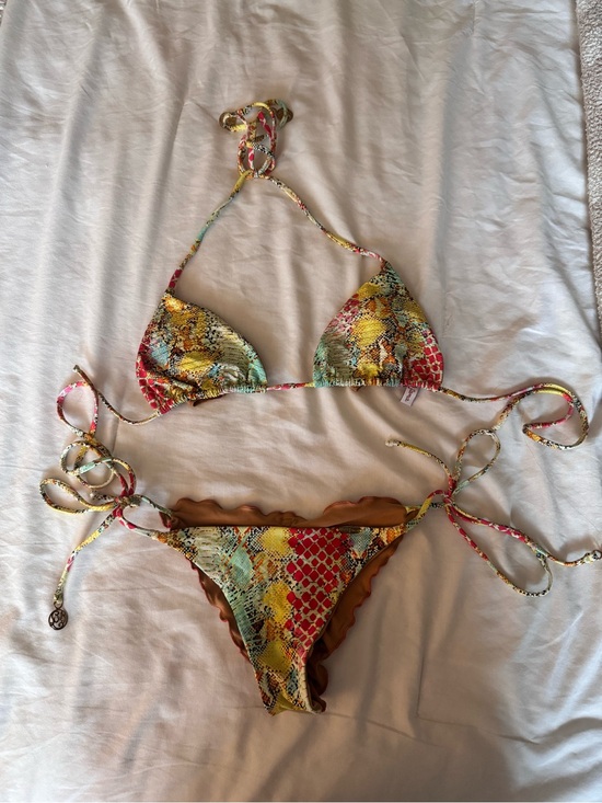 Luli Fama Other - Luli Fama Multicolor Snake-Print Triangle Bikini Top and Tie-Side Bottoms
